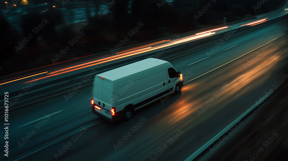 Naklejka premium Modern delivery small shipment cargo courier van moving fast on motorway road to city urban suburb, Business distribution and logistics express service