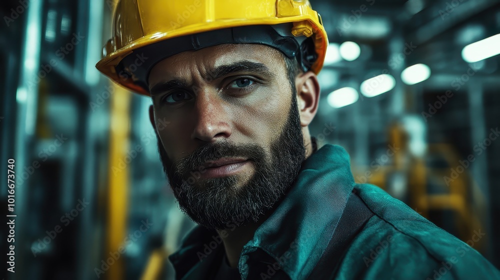 A construction worker with a focused and serious demeanor is shown wearing protective gear, symbolizing diligence and the strength required in industrial work environments. A construction worker with a focused and serious demeanor is shown wearing protective gear, symbolizing diligence and the strength required in industrial work environments.