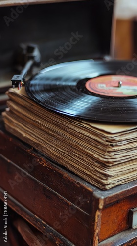 A vintage record player with stacks of old vinyl records, evoking nostalgia and the charm of classic music collection.