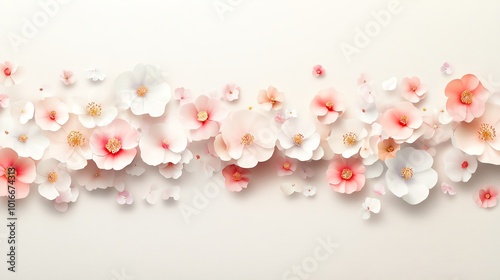 Simple watercolor camellias in soft pink and white tones, arranged on a light beige background, seamless repeat photo