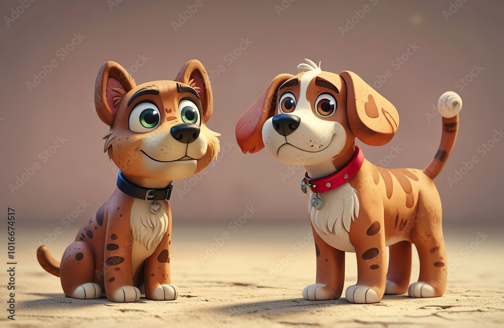Cartoon characters - a dog and a cat made of plasticine. Retro cartoon style.
Cartoon characters - a dog and a cat made of plasticine. Retro cartoon style.