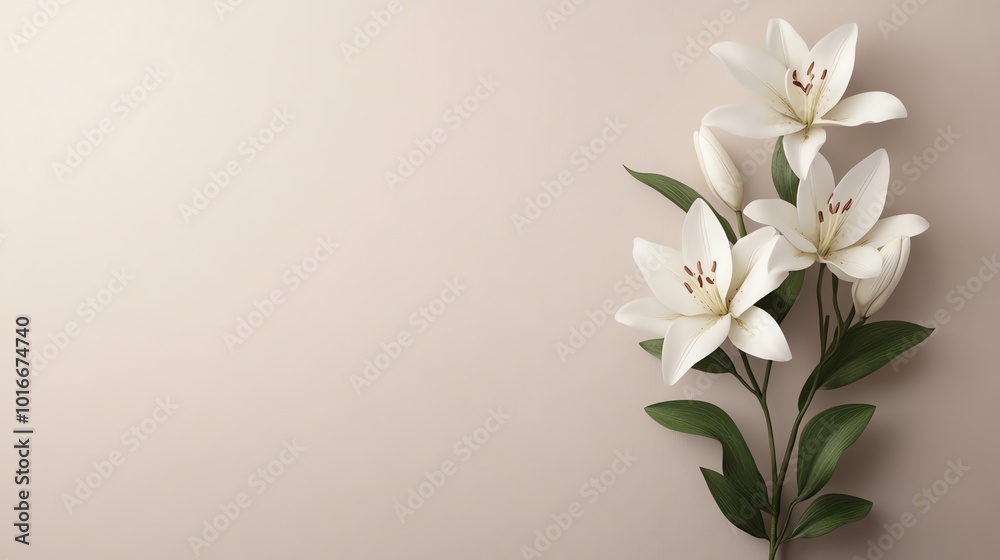 Fototapeta premium Simple watercolor lilies in soft white tones, floating on a pale pastel background, minimalist design, seamless repeat