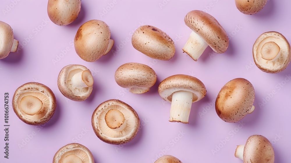 Assorted Fresh Brown Mushrooms on Pink Background Assorted Fresh Brown Mushrooms on Pink Background