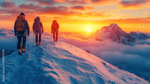 A mountain climber standing at the peak of a snow-covered mountain, with the sun rising behind them, representing triumph over challenges