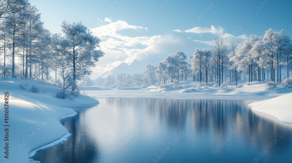 Fototapeta premium A peaceful winter landscape with rolling snow-covered hills, a frozen lake, and a clear blue sky overhead