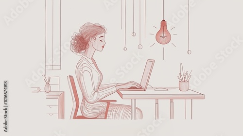 Young woman focused on work at a cozy home workspace, natural lighting enhances mood. photo