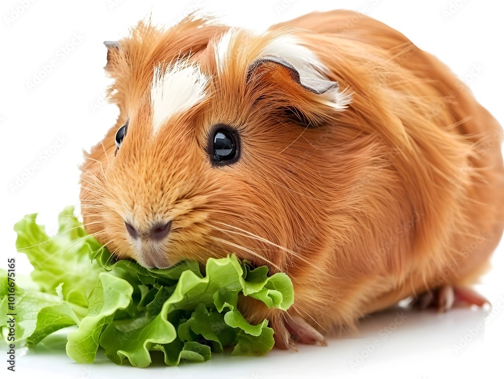 Adorable Round Guinea Pig Nibbling on Lettuce Leaf Against White Background Adorable Round Guinea Pig Nibbling on Lettuce Leaf Against White Background