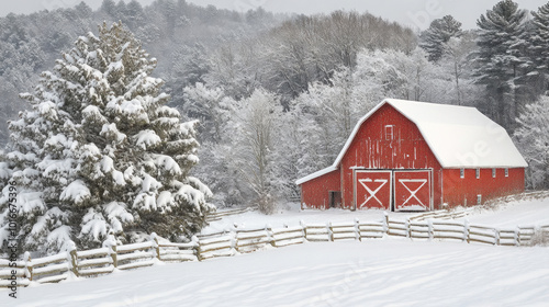 A snow-covered barn in a rural landscape, with a protective barrier symbolizing farm insurance photo