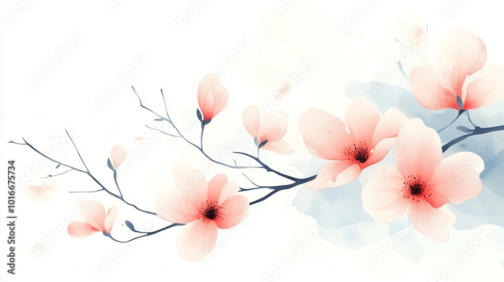 Fototapeta premium Watercolor magnolia flowers in subtle pinks and whites, minimal branches, set on a light background, seamless design