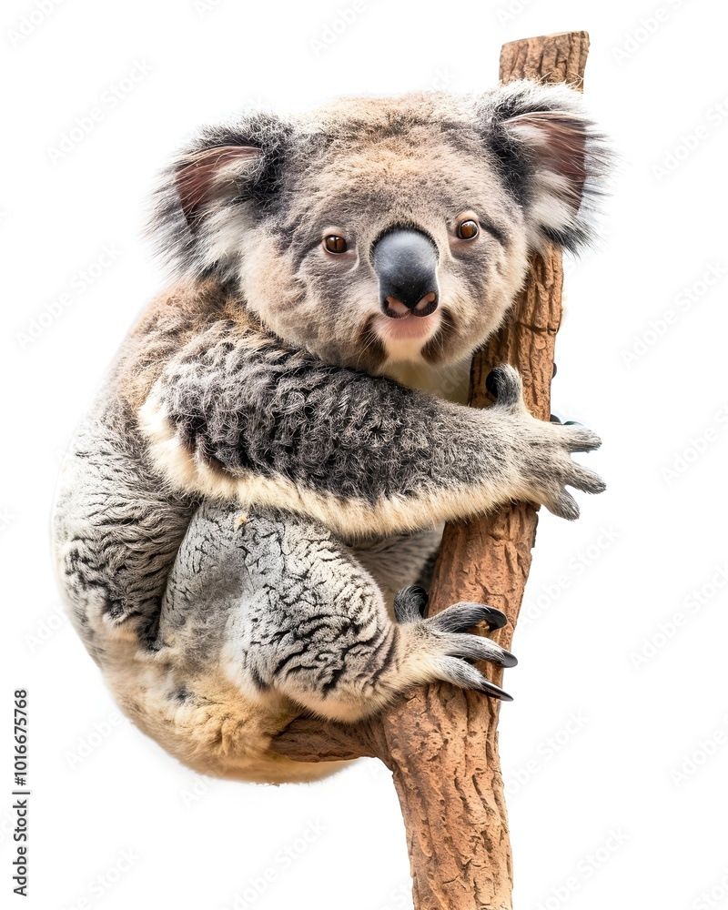 Pudgy Koala Clinging to Branch on White Background Pudgy Koala Clinging to Branch on White Background