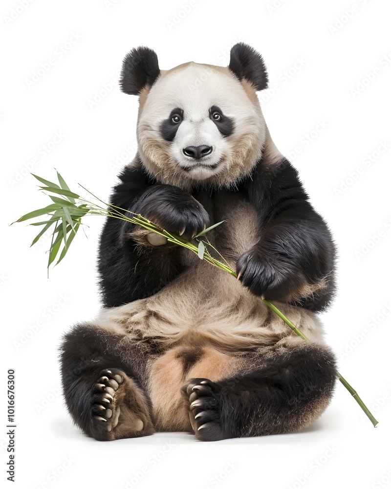 Naklejka premium Plump Panda Sitting and Holding Bamboo Shoot on White Background