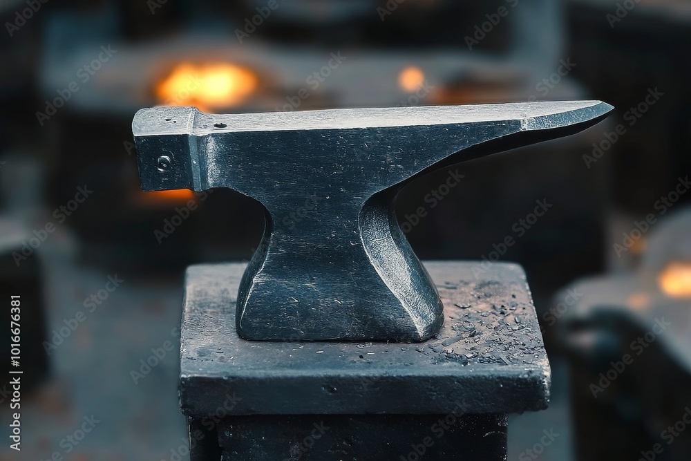 Close-up of a metal anvil resting on a sturdy stand in a blacksmith workshop during daylight hours, surrounded by glowing forge materials Close-up of a metal anvil resting on a sturdy stand in a blacksmith workshop during daylight hours, surrounded by glowing forge materials