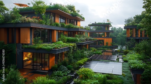 13. A thriving eco-city where community gardens and organic urban farms flourish amidst green buildings powered by solar panels and wind turbines, promoting a low-carbon lifestyle 