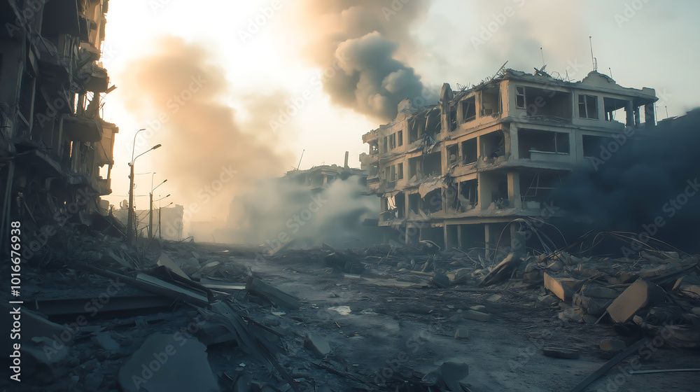 Fototapeta premium A devastated city filled with smoke and debris in the aftermath of war, The buildings are damaged, with rubble and ruins