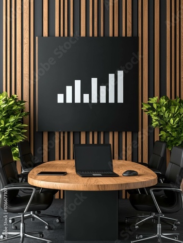 A minimalist conference room featuring a round wooden table, comfortable chairs, and a laptop. Perfect for meetings and collaborative discussions in a modern setting