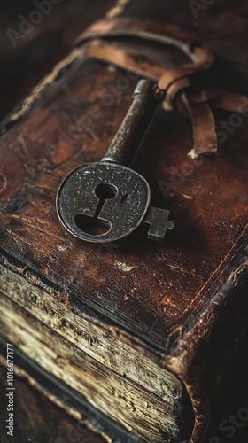 An antique key rests on an old leather-bound book, evoking a sense of mystery and history.