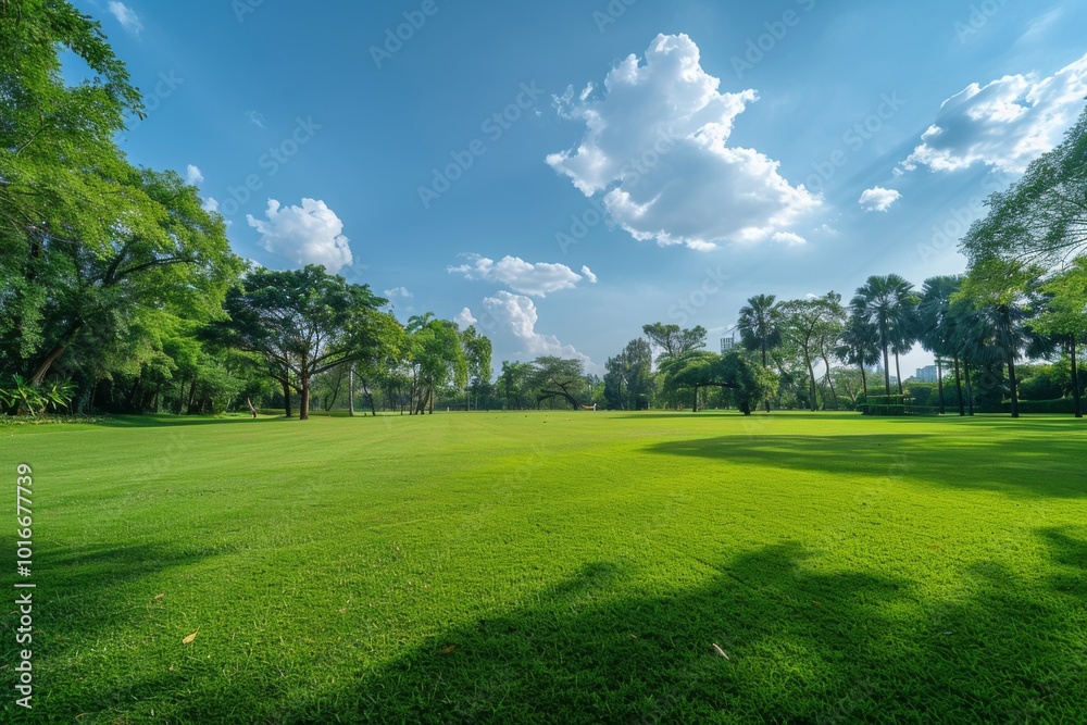 Sunny Day in Bangkok Park with Lush Green Grass and Trees, Wide Angle View Sunny Day in Bangkok Park with Lush Green Grass and Trees, Wide Angle View