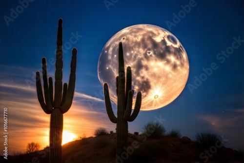 Saguaro cactus silhouettes with full moon and sunset sky photo