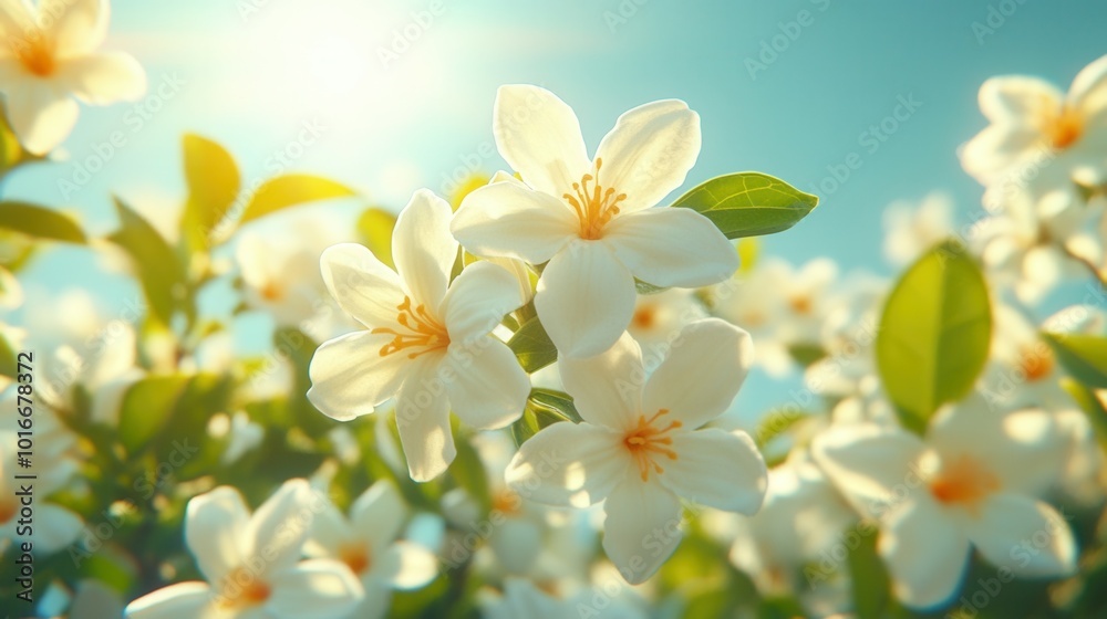 Obraz premium Delicate white flowers bloom vibrantly under the bright sun in a serene garden, showcasing green leaves and capturing the essence of spring. The gentle sunlight enhances their beauty and creates a pea