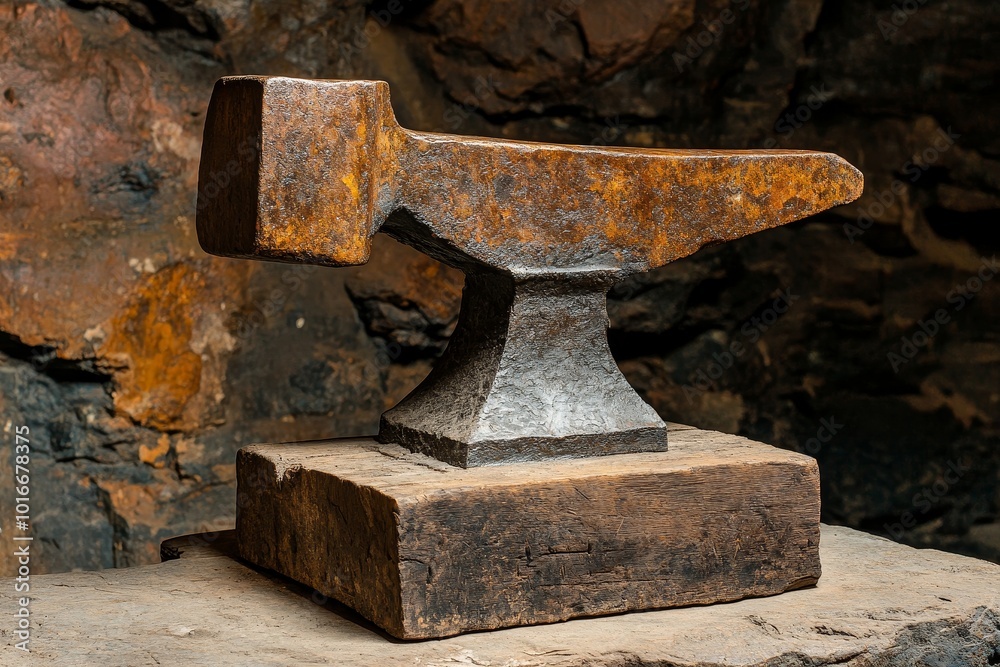Rusty forged iron anvil placed on a wooden block in a rustic workshop surrounded by stone walls Rusty forged iron anvil placed on a wooden block in a rustic workshop surrounded by stone walls