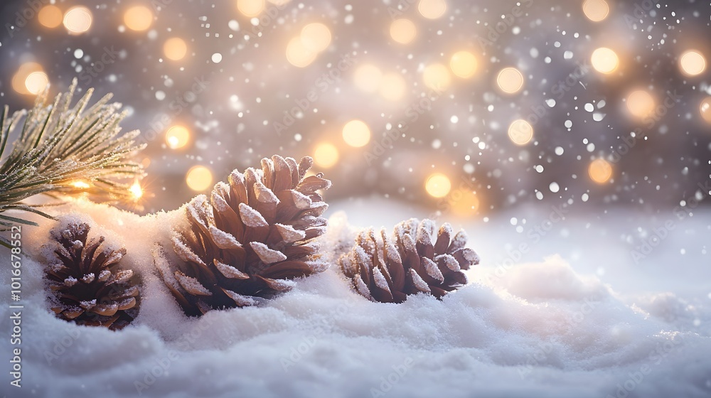 Pine Cones in a Snowy Landscape with Golden Bokeh Lights Pine Cones in a Snowy Landscape with Golden Bokeh Lights