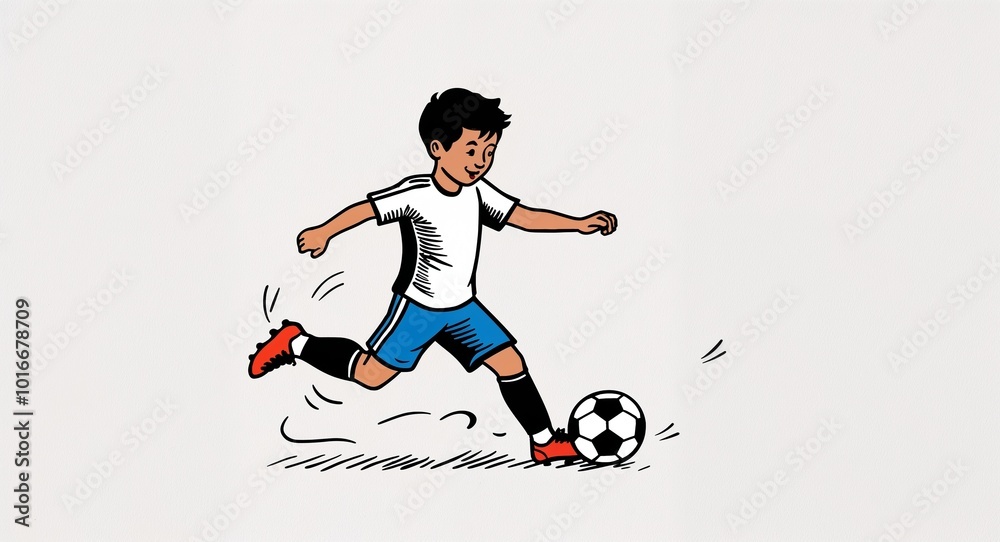 Hand drawing clipart of a boy kicking soccer ball on plain white background Hand drawing clipart of a boy kicking soccer ball on plain white background