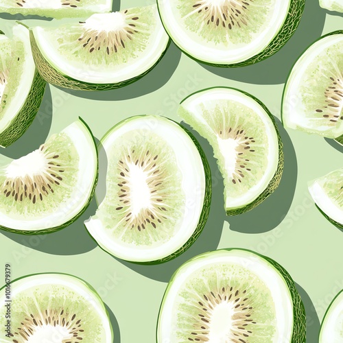 Vector illustration of honeydew slices, taupe pastel background, top down view photo