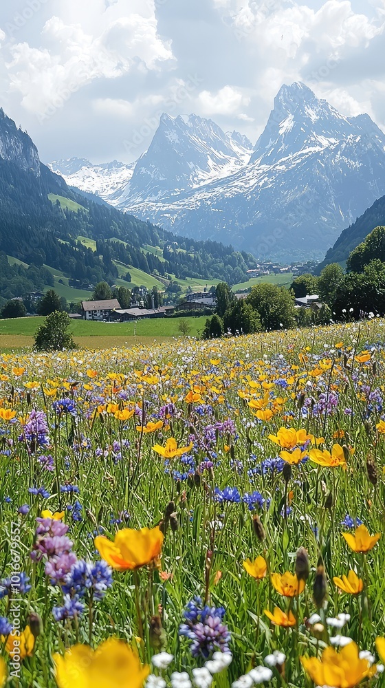 Fototapeta premium Beautiful mountain landscape featuring a vibrant wildflower meadow under a clear blue sky with majestic peaks in the background.
