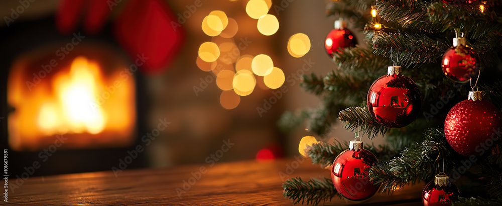 Christmas tree with glowing red baubles next to a cozy fire (christmas-tree) Christmas tree with glowing red baubles next to a cozy fire (christmas-tree)
