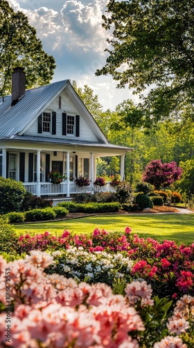 Beautiful house surrounded by vibrant flowers and lush greenery, showcasing a peaceful and inviting outdoor setting.