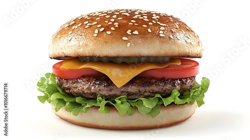 Delicious Cheeseburger on White Background with Fresh Ingredients