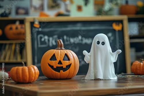 Kids carving pumpkins at a Halloween event generative AI photo