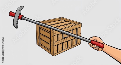 Hand drawing clipart of a crowbar prying open wooden crate on plain white background photo