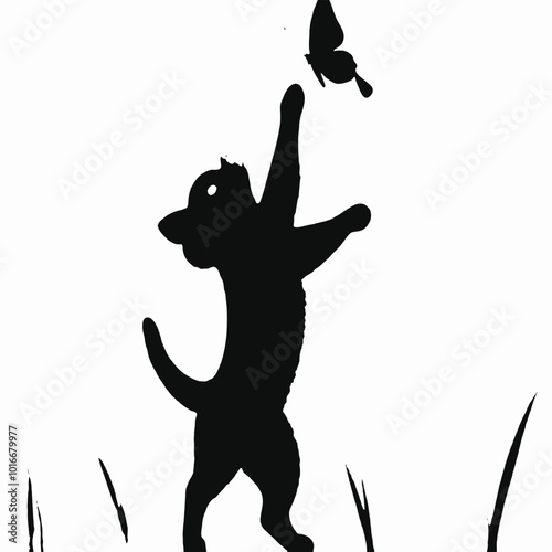 A black silhouette of a cat reaching up towards a butterfly 