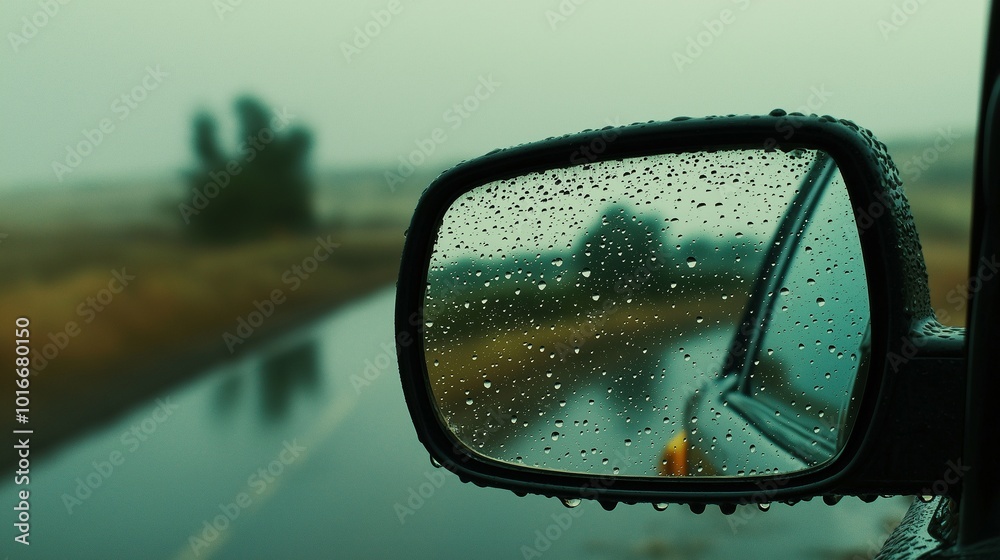 Raindrops on Car Mirror Reflecting Wet Road Raindrops on Car Mirror Reflecting Wet Road