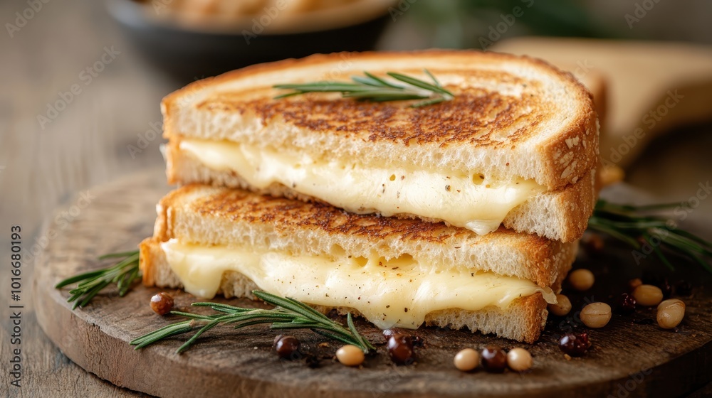 Gourmet cheese sandwich with fresh herbs, beautifully toasted and placed on a rustic wooden board, showcasing a perfect balance of flavor and visual appeal. Gourmet cheese sandwich with fresh herbs, beautifully toasted and placed on a rustic wooden board, showcasing a perfect balance of flavor and visual appeal.