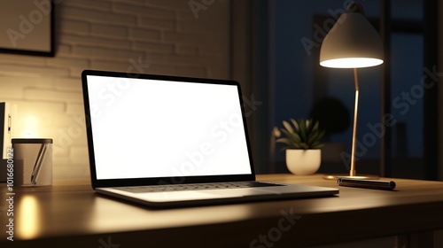 Modern Home Office Desk with Laptop and Desk Lamp