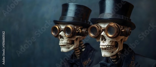 Steampunk Skeletal Figures Dressed in Top Hats and Monocles for a Haunting Halloween Concept   Digital Photography with Copy Space for Text photo