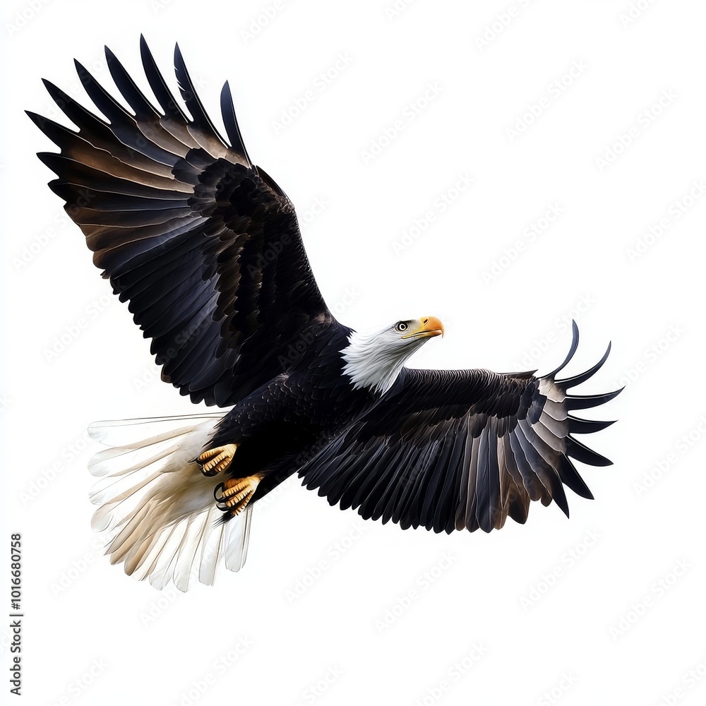 This is a photorealistic illustration of a Bald Eagle in flight, 3/4 view, American Icon of Freedom in a Nature-themed illustration in a PNG file, cutout, and isolated. This is a photorealistic illustration of a Bald Eagle in flight, 3/4 view, American Icon of Freedom in a Nature-themed illustration in a PNG file, cutout, and isolated.