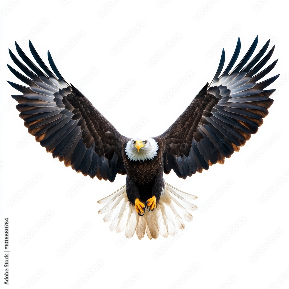 Obraz premium An American icon of Freedom in flight, a Bald Eagle (Haliaeetus leucocephalus), in a nature-themed, photorealistic illustration in a PNG, cutout, and isolated.