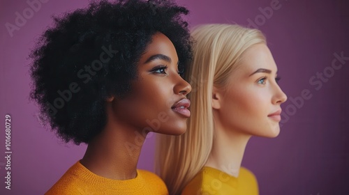 The image features two women standing closely together, showcasing their contrasting hairstyles. The woman on the left has curly black hair, while the woman on the right sports straight blonde hair.