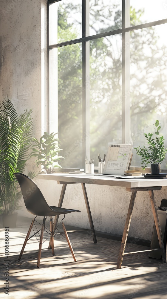 Fototapeta premium Bright and airy home office featuring a wooden desk, chair, and plants illuminated by natural sunlight through large windows.