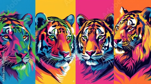 Four colorful tiger portraits in a vibrant pop art style, each with a different color scheme.