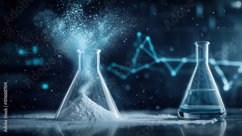 Chemical substance synthetic concept. Synthetic chemical powder mixing with liquid.