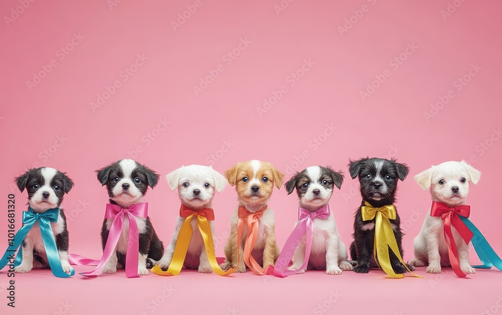 Obraz premium A delightful collection of cute puppies adorned with colorful ribbons, happily posing in front of the camera in a studio environment. 