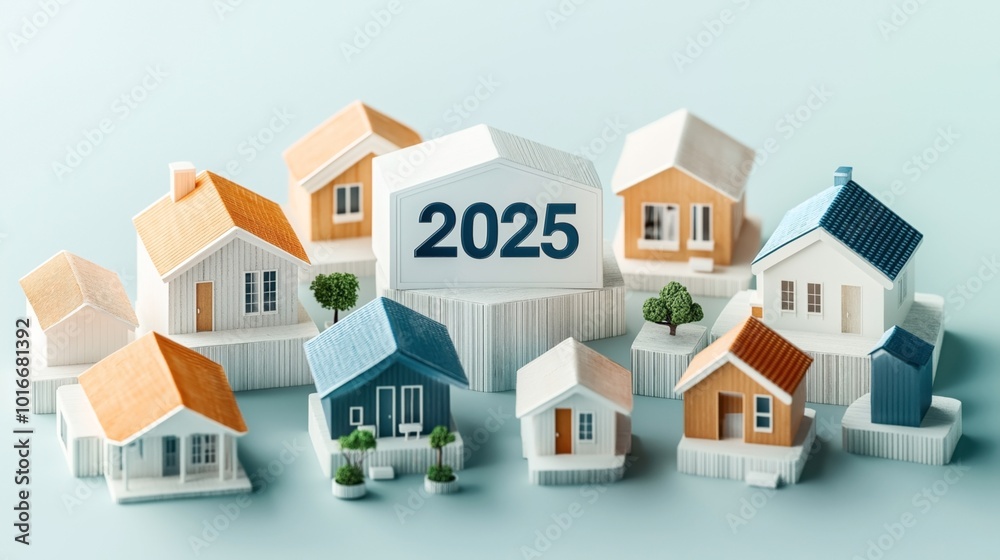 A collection of small model houses with various colored roofs arranged around a central house displaying the year 2025, representing future residential planning. A collection of small model houses with various colored roofs arranged around a central house displaying the year 2025, representing future residential planning.