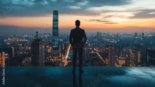 Fototapeta Naklejka Na Ścianę i Meble -  Business, man and thinking at city on rooftop about career or future with goal in company. Professional, person and skyscraper on roof is standing with vision or hope for decision as leader at work