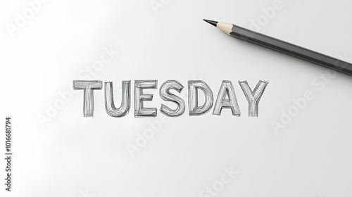 Hand-drawn pencil sketch of the word Tuesday with pencil on white background