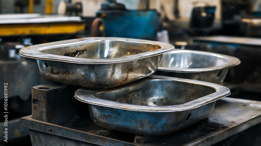 A pile of old stainless steel sinks stacked, Heavy use over time, The sinks have a dull, weathered look
A pile of old stainless steel sinks stacked, Heavy use over time, The sinks have a dull, weathered look