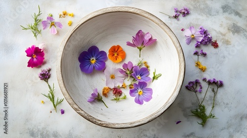 Artfully Arranged Vibrant Floral Blooms in Wooden Bowl